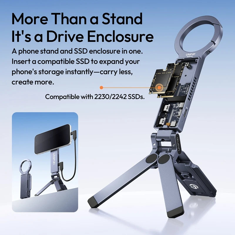 ULANZI MA58 Magnetic Phone Tripod for iPhone with Hard Drive Enclosure Uka Arca-Swiss Mount, 1/4" Mount, Fits SSD 2230/2242