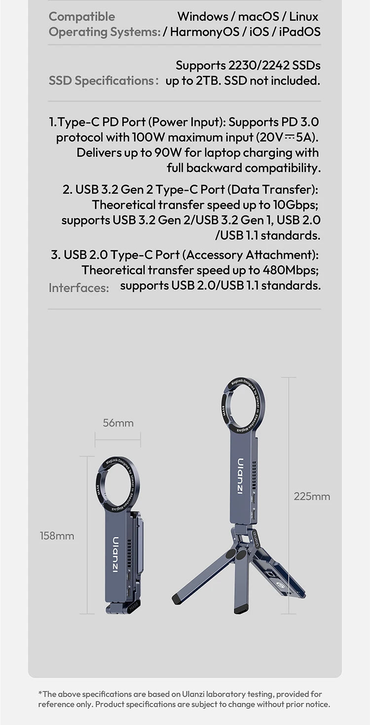 ULANZI MA58 Magnetic Phone Tripod for iPhone with Hard Drive Enclosure Uka Arca-Swiss Mount, 1/4" Mount, Fits SSD 2230/2242