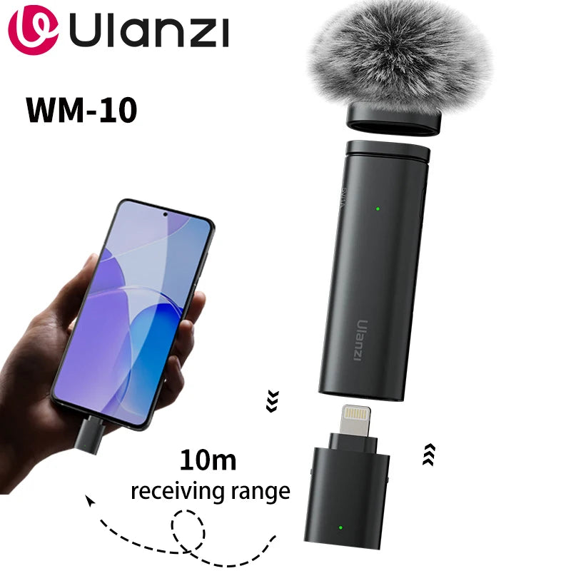 Ulanzi WM-10 Wireles Lavalier Microphone 1 to 1 Mic USB C for Android iPhone with Windproof Sponge For Live Streaming Recording