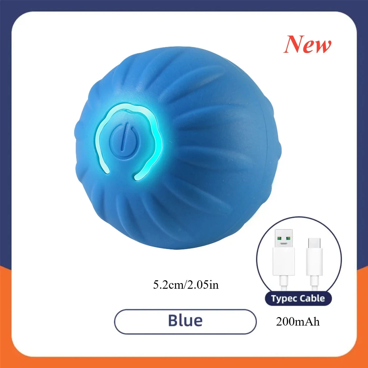 Dog Toy Ball with Rope Electronic in blue, features a glowing button, 5.2cm size, perfect for active dogs.