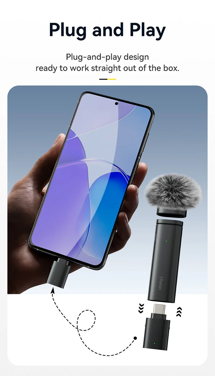 Ulanzi WM-10 Wireles Lavalier Microphone 1 to 1 Mic USB C for Android iPhone with Windproof Sponge For Live Streaming Recording