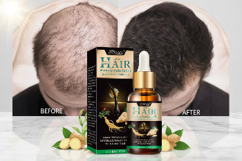 Hair growth essential oil with 'before' and 'after' hair comparison
