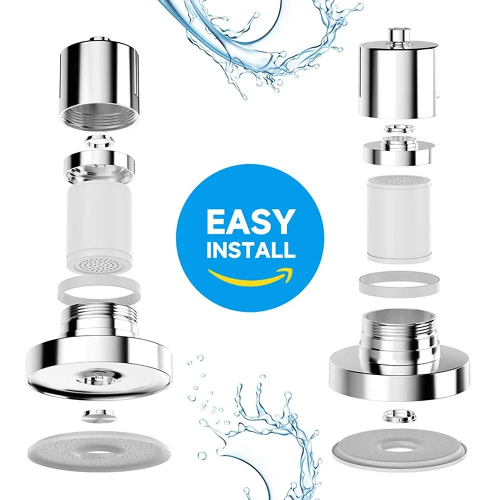 Chlorine-Free Refreshing Daily Showers system parts with label for easy installation and water splash background.