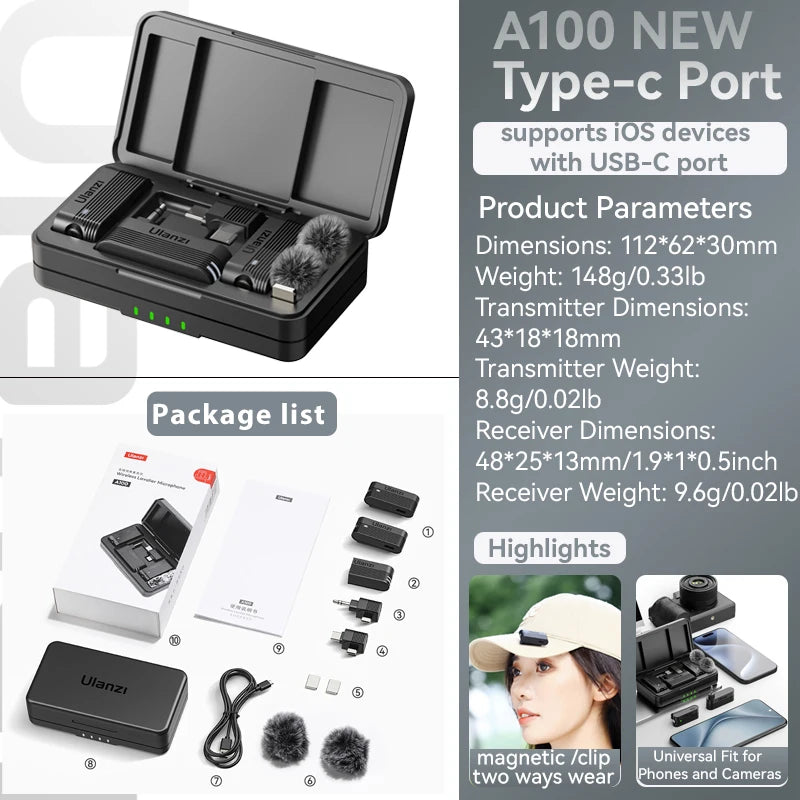 Ulanzi A100 Microphone Smartphone Wireless Lavalier Mic for iPhone 16 15 12 Xiaomi Samsung Dji Action 5 4 3 2 OSMO Pocket 3 SONY