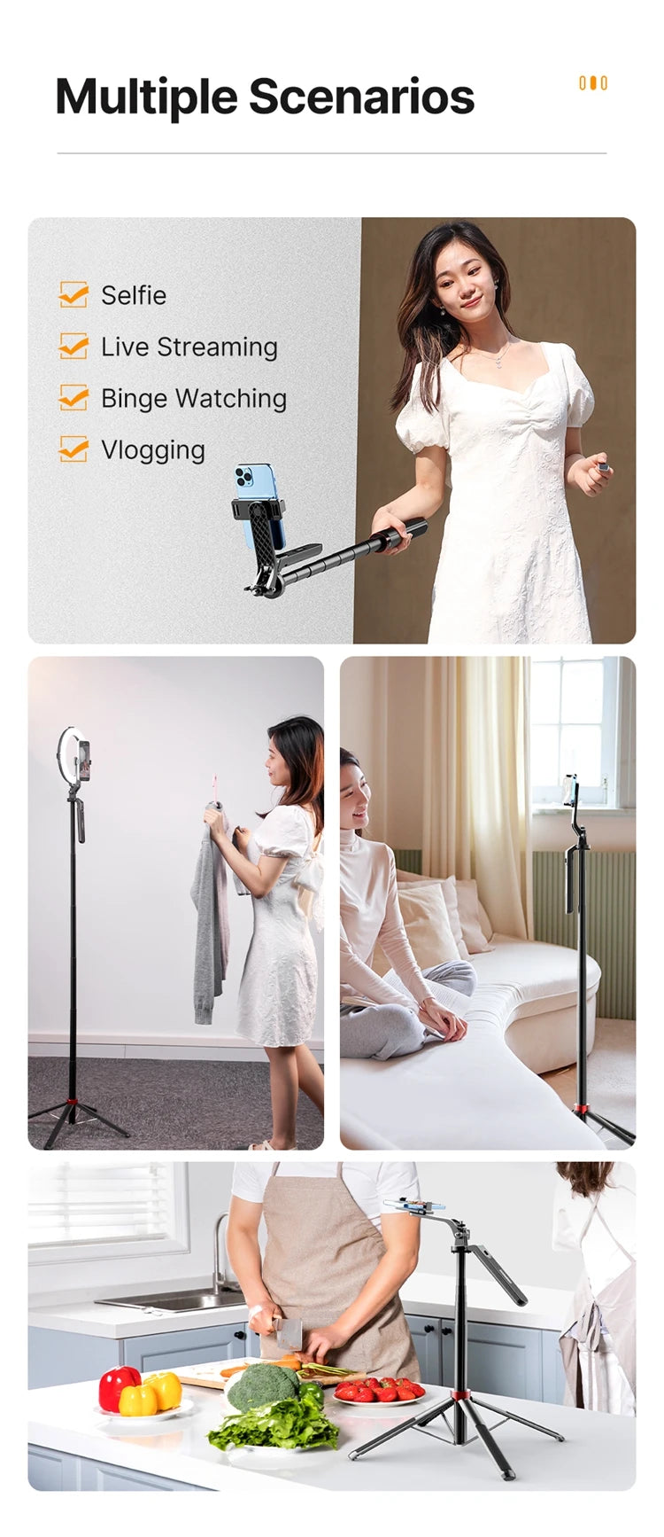 Ulanzi MA09 1.8m Selfie Stick Tripod for iPhone 16 15 Android Phone with Remote Control Panoramic Ball head Holder U200 VL49 Kit