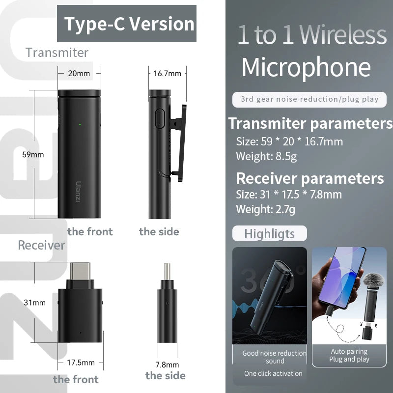 Ulanzi WM-10 Wireles Lavalier Microphone 1 to 1 Mic USB C for Android iPhone with Windproof Sponge For Live Streaming Recording