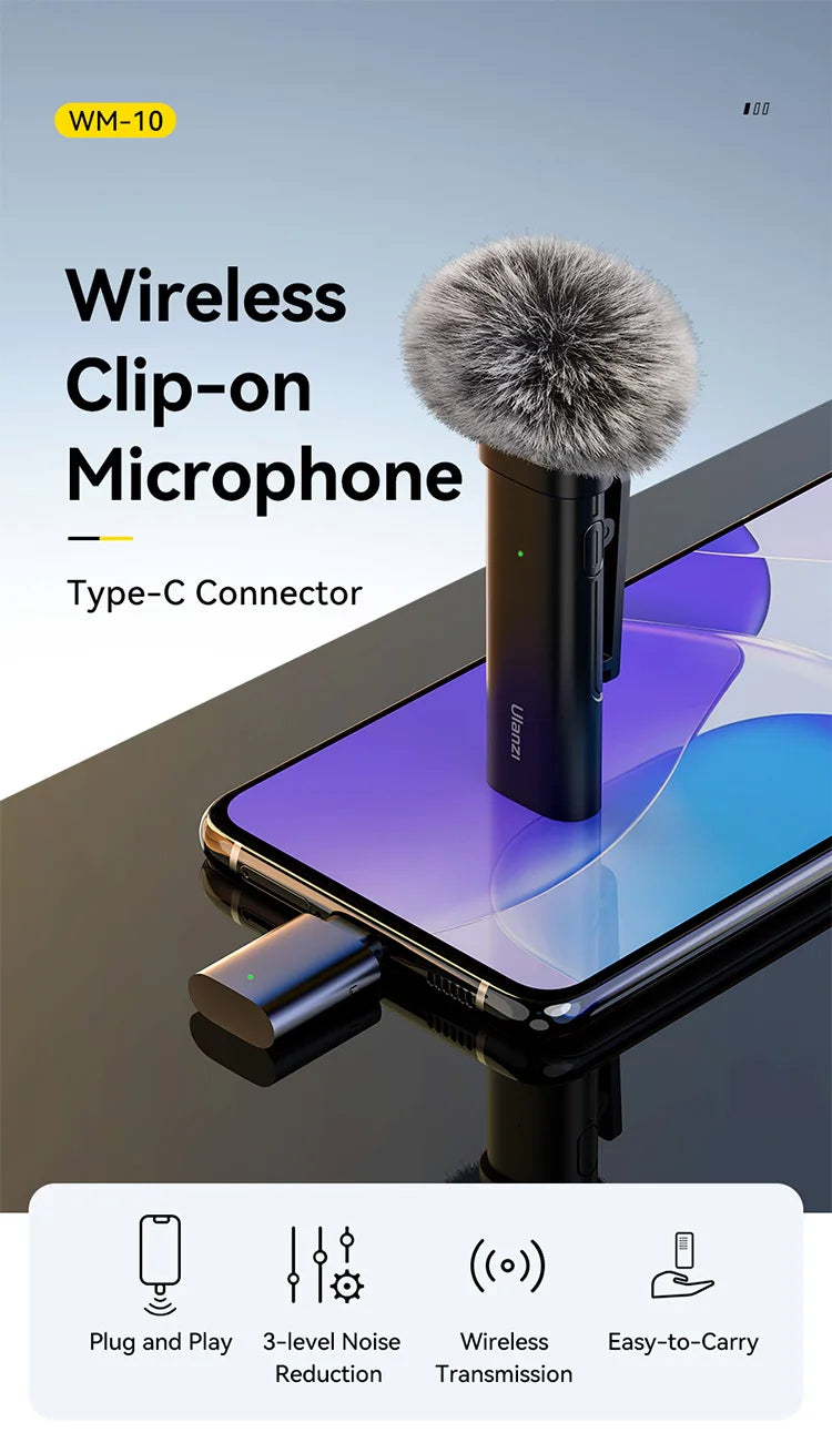 Ulanzi WM-10 Wireles Lavalier Microphone 1 to 1 Mic USB C for Android iPhone with Windproof Sponge For Live Streaming Recording