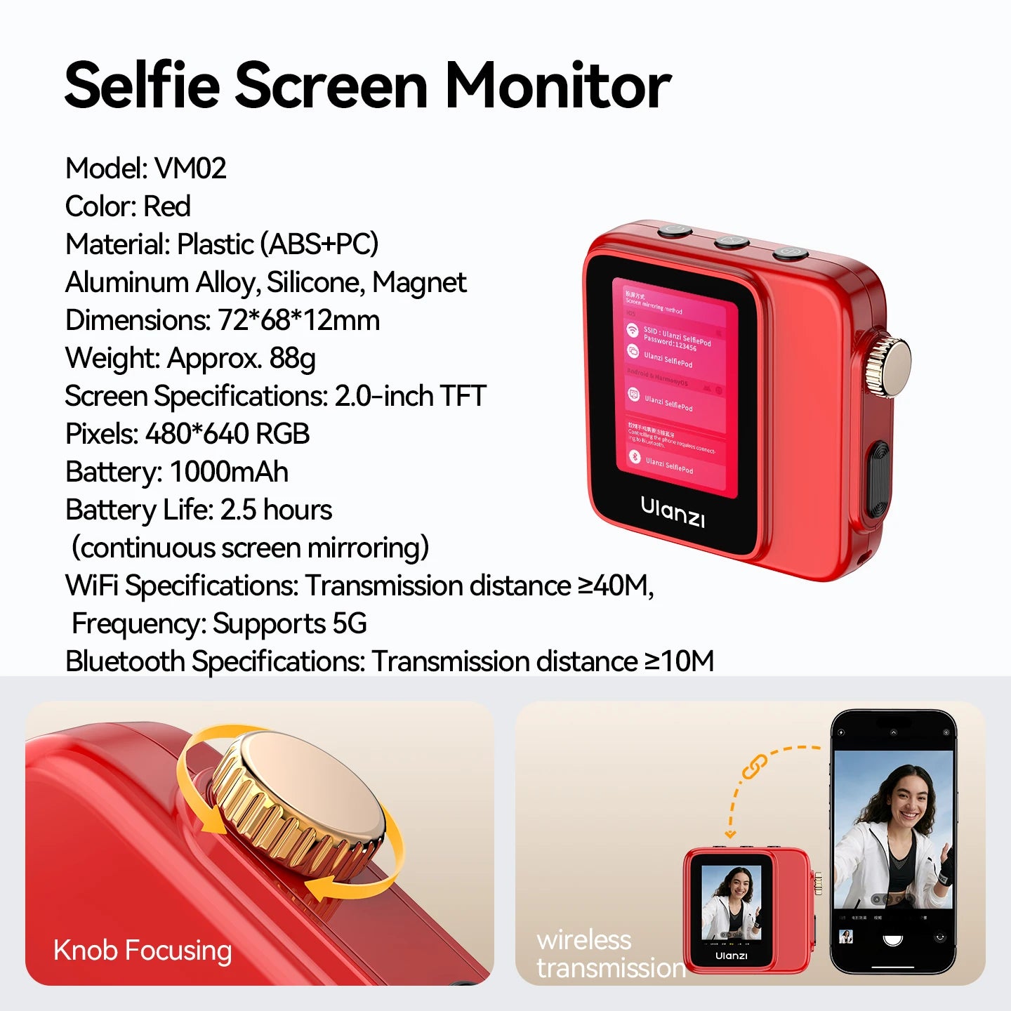 Ulanzi VM02 Selfie Screen Monitor Phone Magnetic Wireless Video For  iPhone Series Sync Rear Camera Android Vloging Tool Kit