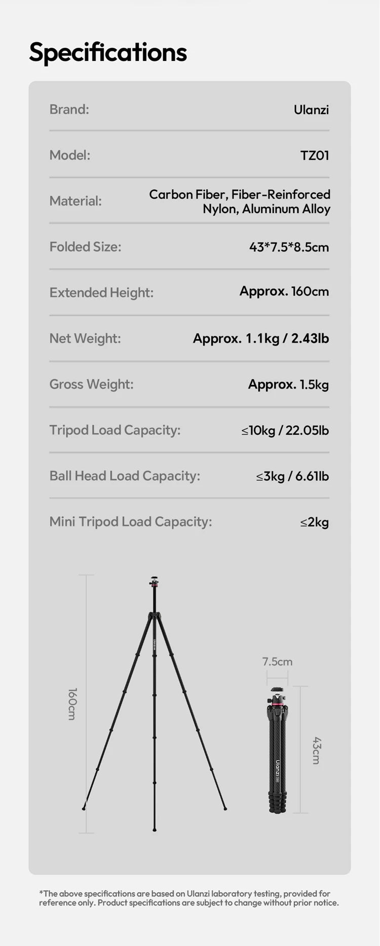 Ulanzi TZ01 Carbon Fiber Tripod Professional Lightweight Photography Travel With Quick Release Plate For DSLR Camera Canon Sony