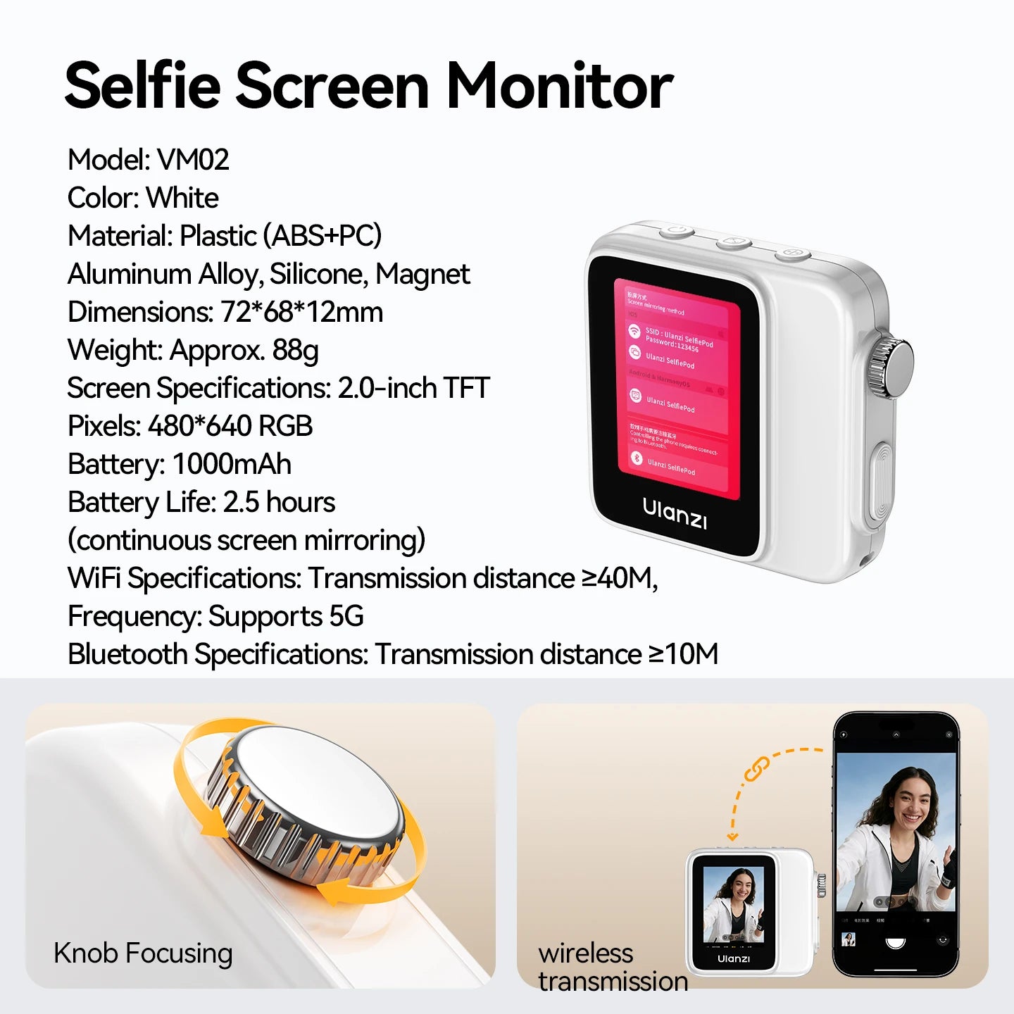 Ulanzi VM02 Selfie Screen Monitor Phone Magnetic Wireless Video For  iPhone Series Sync Rear Camera Android Vloging Tool Kit