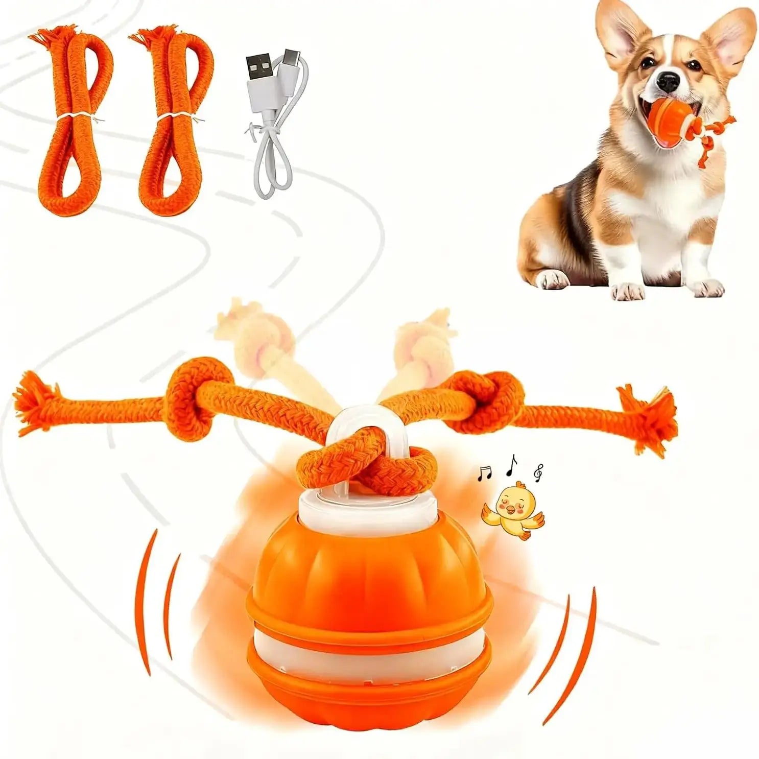Dog Toy Ball with Rope Electronic in vibrant orange, featuring durable rope, USB charger, and a playful dog.
