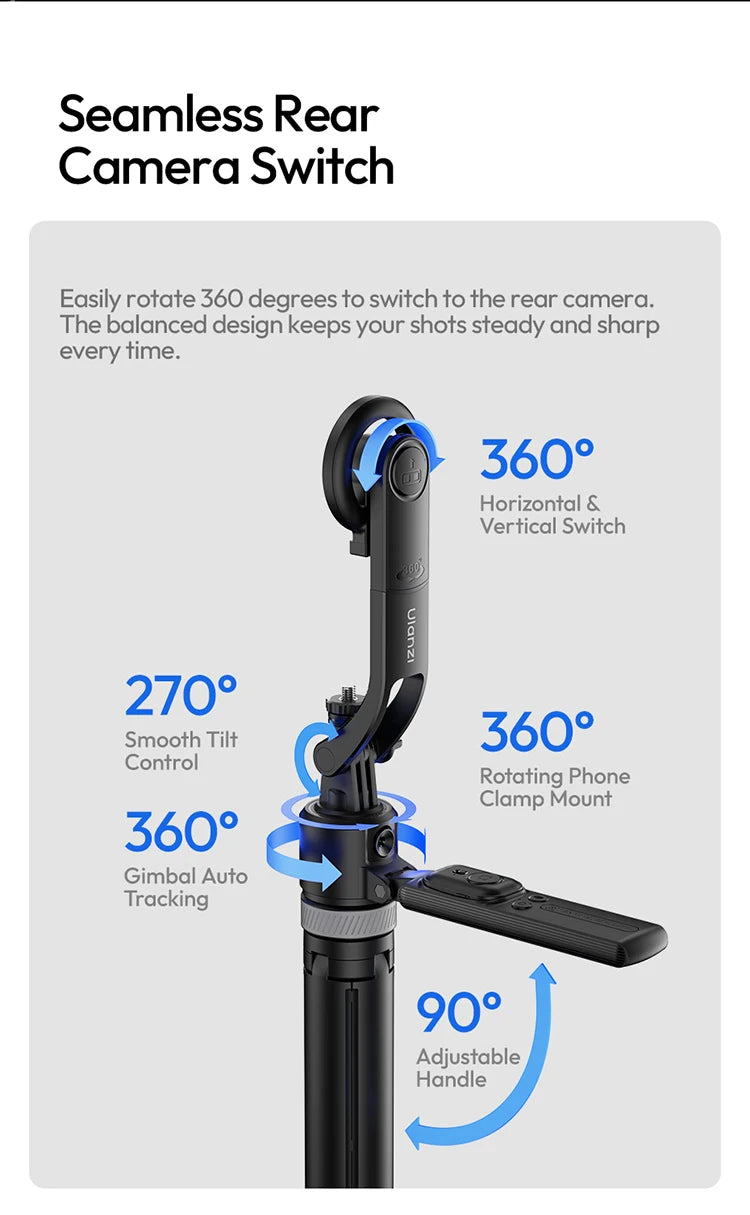 Ulanzi Magnetic Auto-Tracking Selfie Stick Tripod Compact Foldable Control Al-Powered Focus 360°Auto Smart Face Tracking