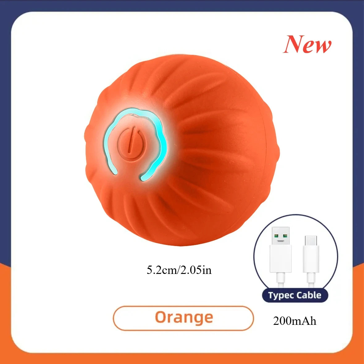 Dog Toy Ball with Rope Electronic in orange color, featuring a button and light, size 5.2cm.