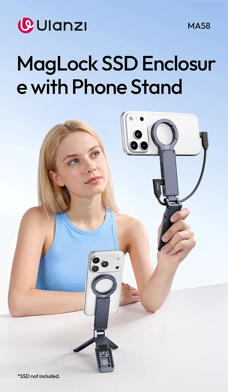 ULANZI MA58 Magnetic Phone Tripod for iPhone with Hard Drive Enclosure Uka Arca-Swiss Mount, 1/4" Mount, Fits SSD 2230/2242