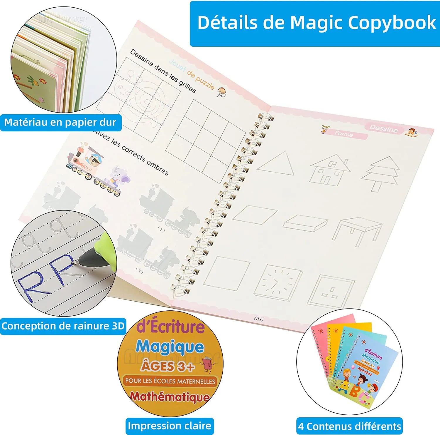 4 French Calligraphy Practice Sets, Alphabet And Number Workbook, French Beginner Activity Copybook