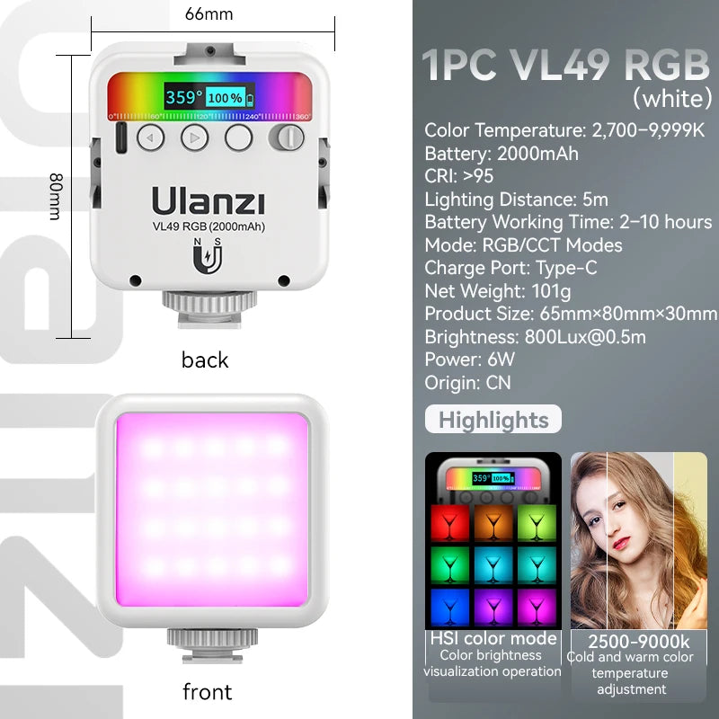 Ulanzi VL49 RGB Video Lights Mini LED Camera Light 2000mAh Rechargable LED Panel Lamp Photo Video Lighting for Youtube Tik tok