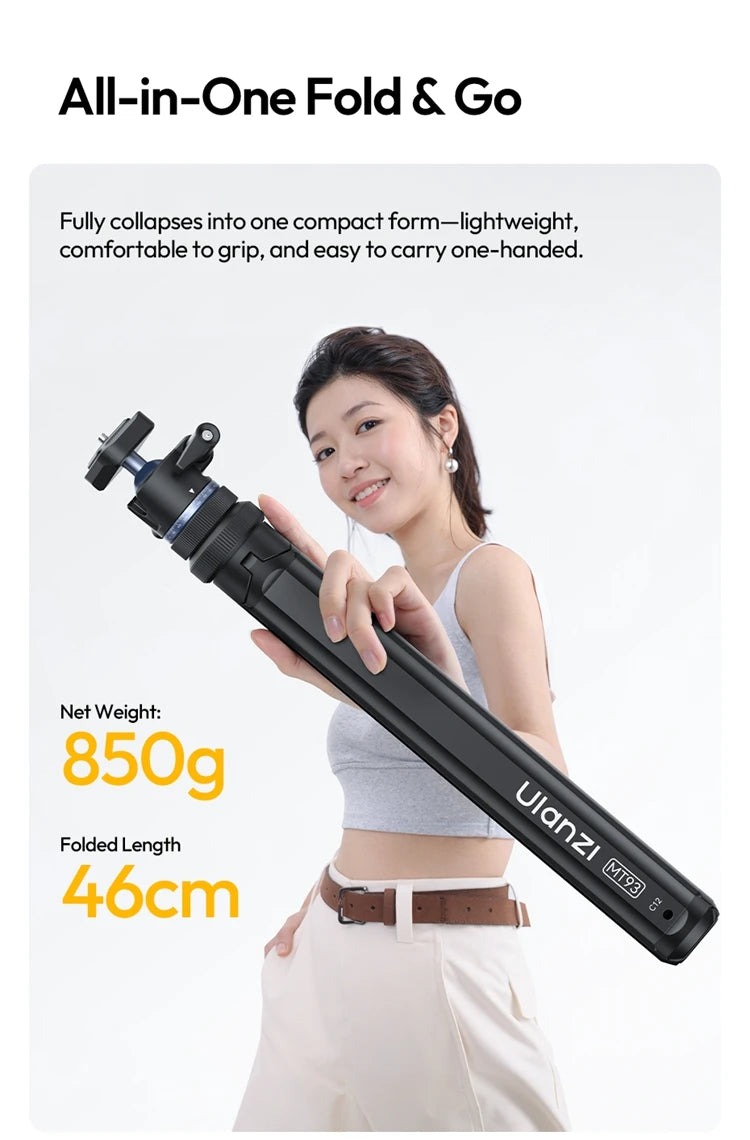 Ulanzi MT93 1.6M Camera Phone Light Stand Aluminum Alloy Portable Auto-Open Tripod with Uka 360° Ball Head Quick Release Plate