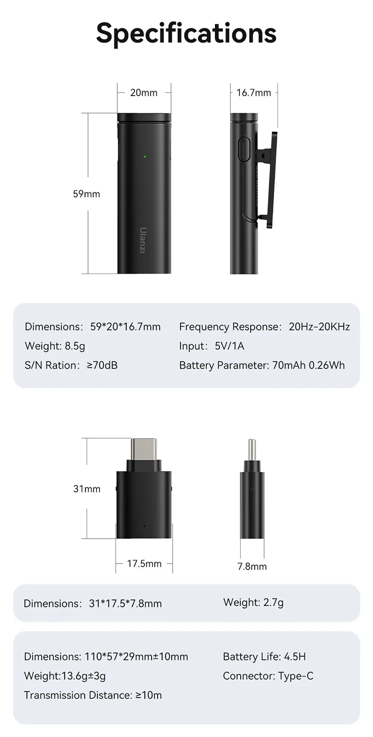Ulanzi WM-10 Wireles Lavalier Microphone 1 to 1 Mic USB C for Android iPhone with Windproof Sponge For Live Streaming Recording