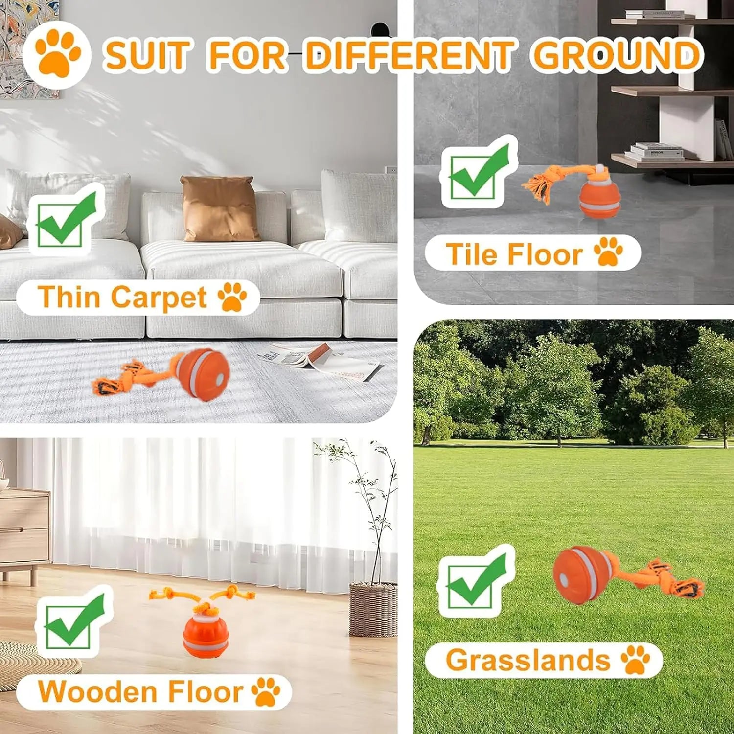 Dog Toy Ball with Rope Electronic suitable for various surfaces like tile, wooden floors, grasslands, and thin carpets.