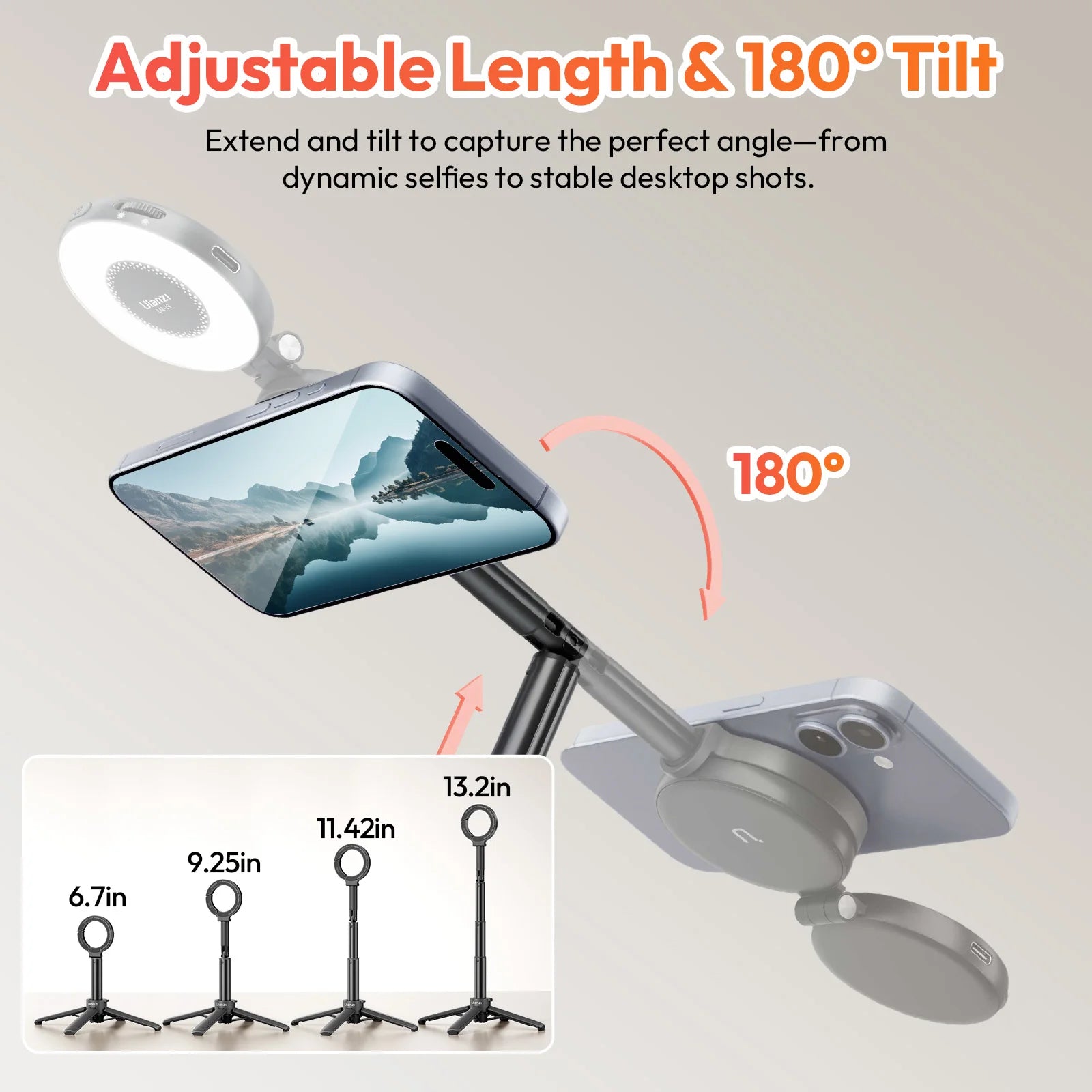 Ulanzi MT71 2 in1 Magnetic Mini Selfie Stick Desktop Tripod Stand for Iphone 17 16 15 Pro Max Android 180° Adjustable for Tiktok