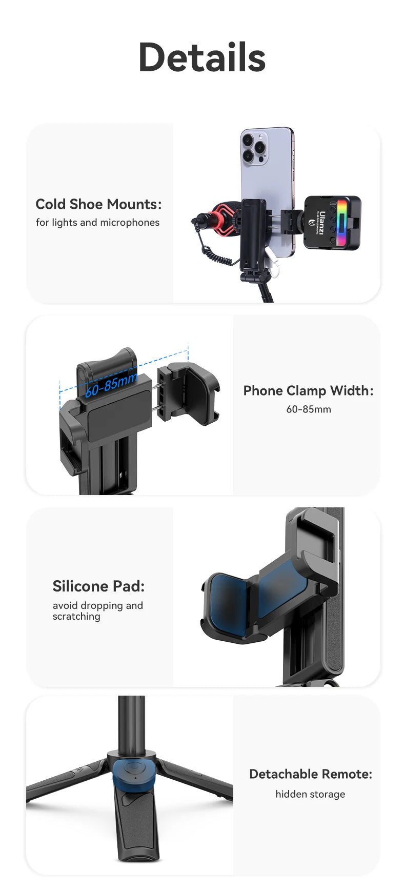 ULANZI JJ02 Selfie Stick Tripod Extendable Grip Phone Tripod with Detachable Remote 2 Cold Shoe Pocket Size Mini Phone Stand