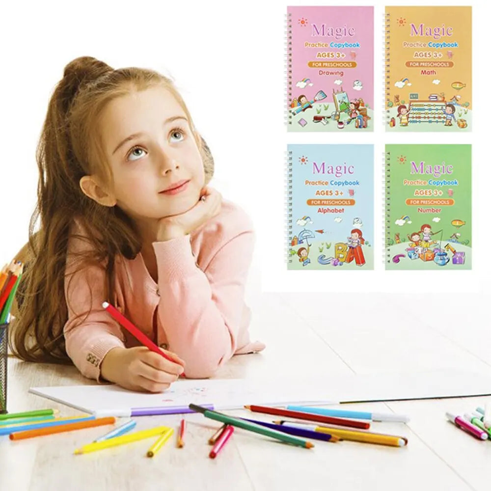 4 Books Pen Magic Writing Book Calligraphy Notebook Montessori Kids Reusable Educational Calligraphic Letter Practice Toy