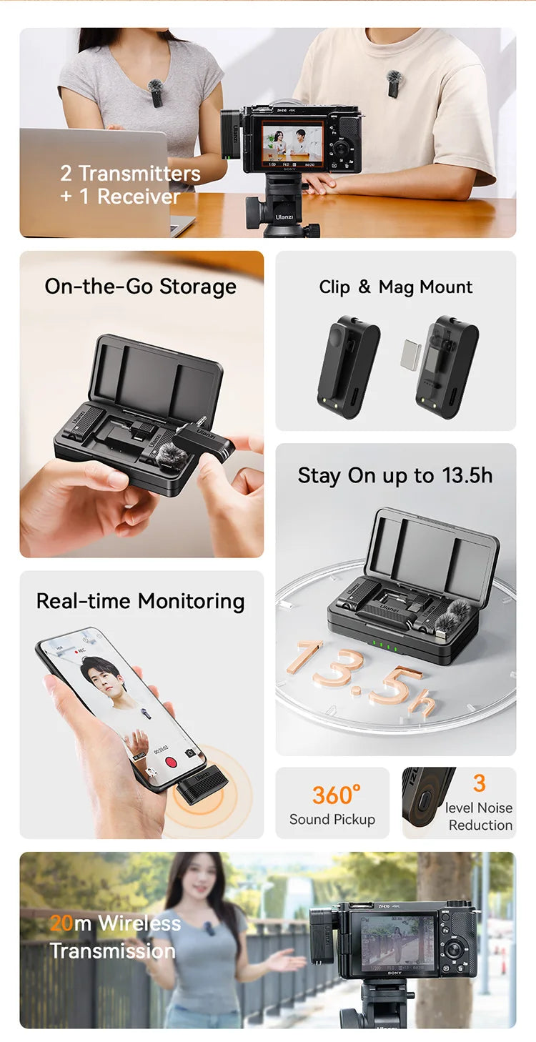 Ulanzi A100 Microphone Smartphone Wireless Lavalier Mic for iPhone 16 15 12 Xiaomi Samsung Dji Action 5 4 3 2 OSMO Pocket 3 SONY
