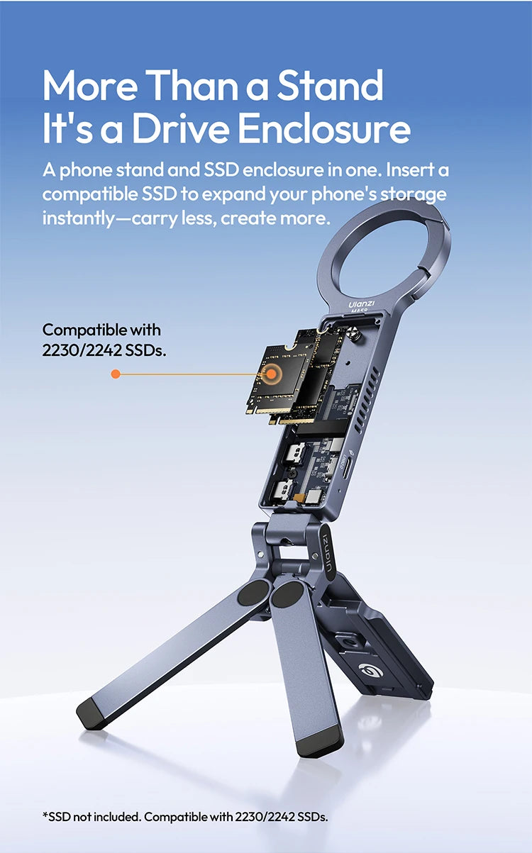ULANZI MA58 Magnetic Phone Tripod for iPhone with Hard Drive Enclosure Uka Arca-Swiss Mount, 1/4" Mount, Fits SSD 2230/2242