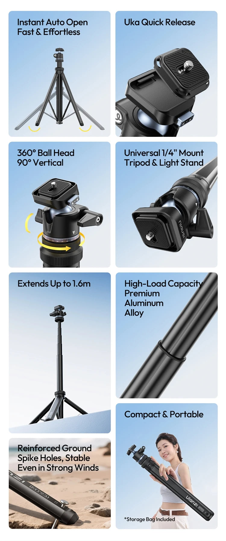 Ulanzi MT93 1.6M Camera Phone Light Stand Aluminum Alloy Portable Auto-Open Tripod with Uka 360° Ball Head Quick Release Plate