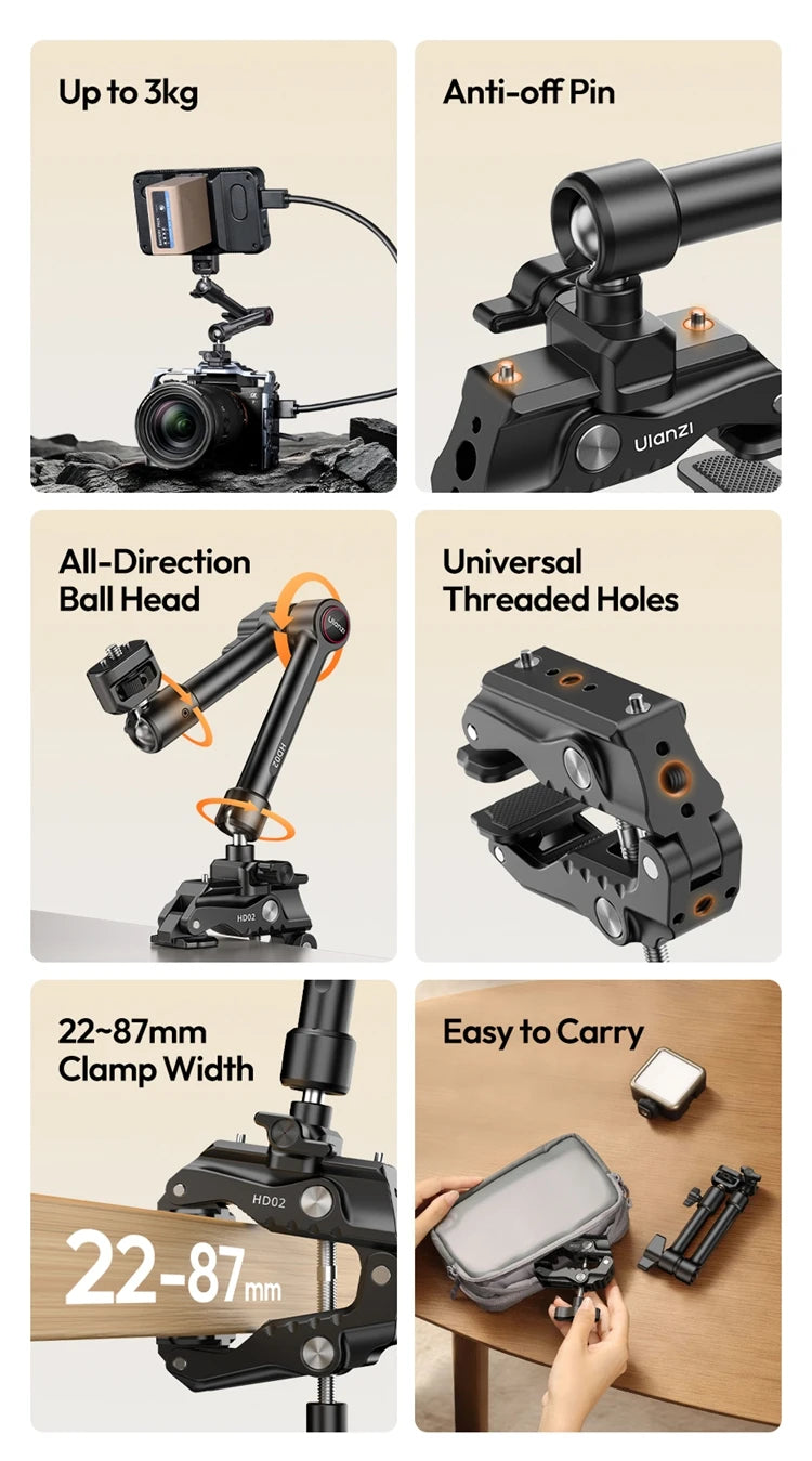 Ulanzi Magic Arm Super Clamp with 360° Mini Ball Head Quick Release Clamp Bracket Tripod Mount 1/4 Screw Clip for DSLR Camera Go