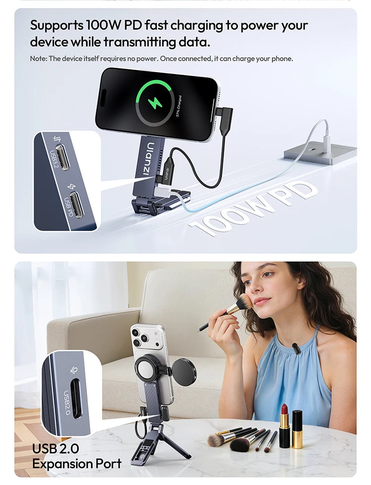 ULANZI MA58 Magnetic Phone Tripod for iPhone with Hard Drive Enclosure Uka Arca-Swiss Mount, 1/4" Mount, Fits SSD 2230/2242