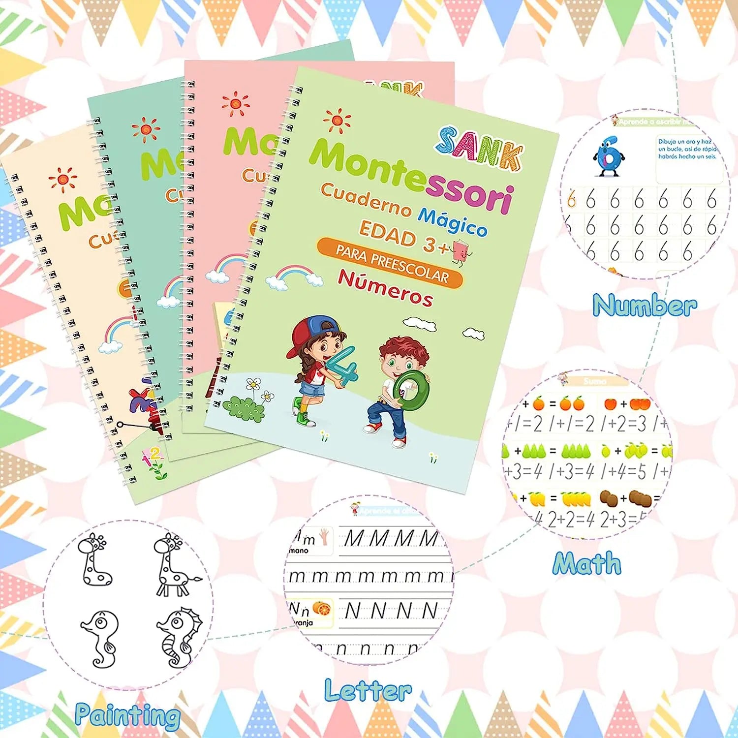 4 Books Montessori Magic Writing Book in Spanish Copybook Drawing Notebook Kids Learning Children Chinese Painting