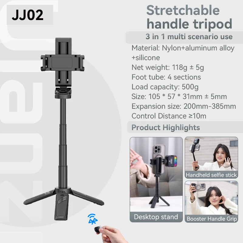 ULANZI JJ02 Selfie Stick Tripod Extendable Grip Phone Tripod with Detachable Remote 2 Cold Shoe Pocket Size Mini Phone Stand