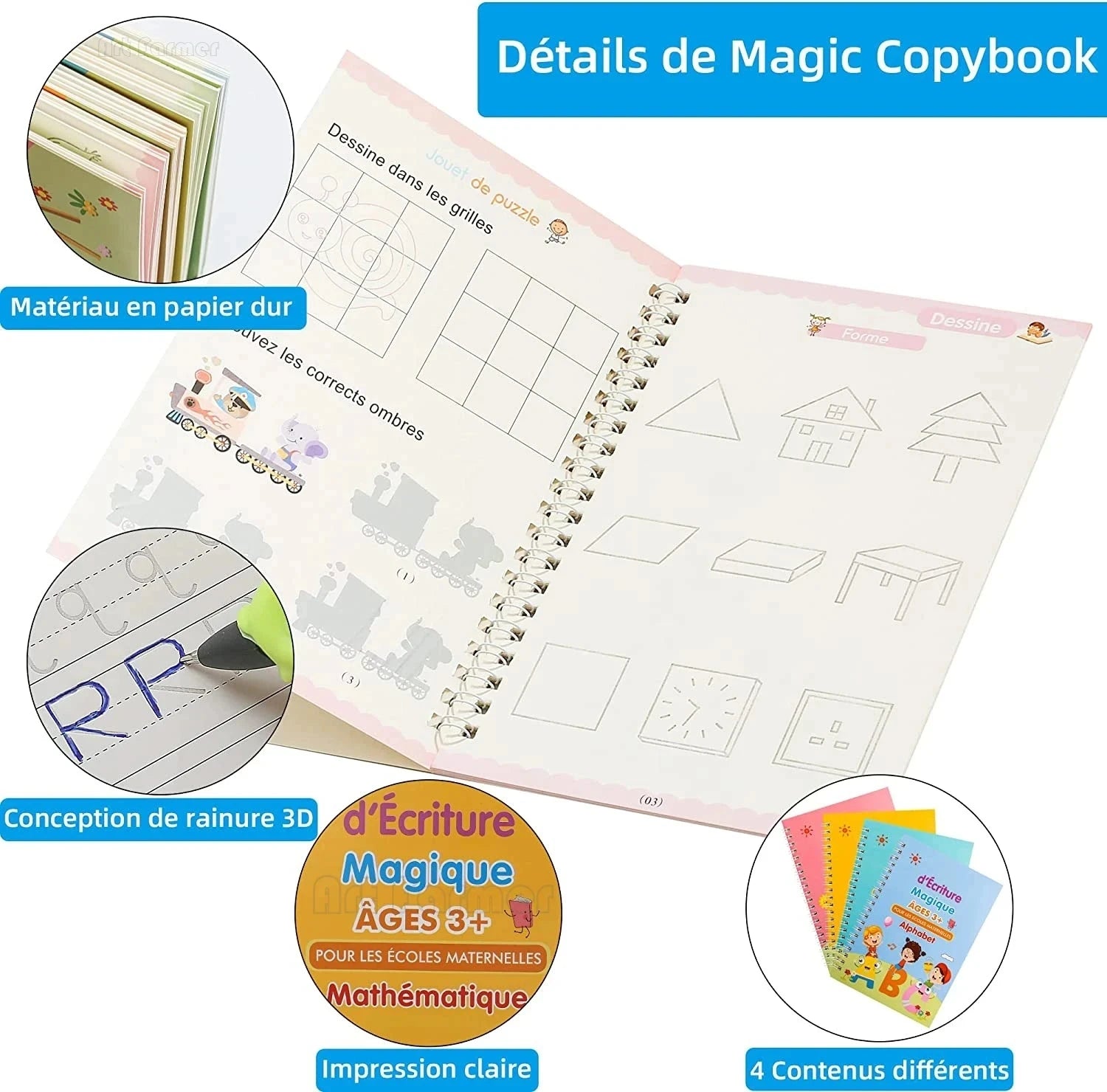 4 French Calligraphy Practice Sets, Alphabet And Number Workbook, French Beginner Activity Copybook