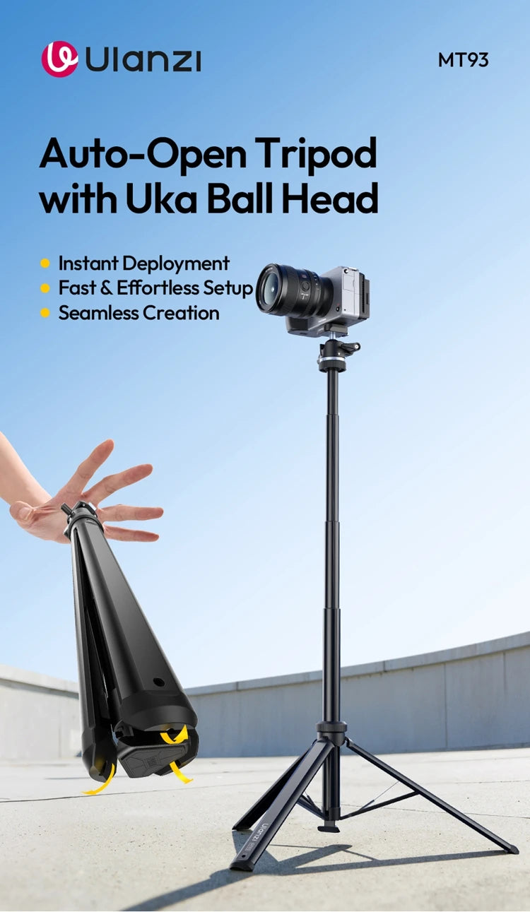 Ulanzi MT93 1.6M Camera Phone Light Stand Aluminum Alloy Portable Auto-Open Tripod with Uka 360° Ball Head Quick Release Plate
