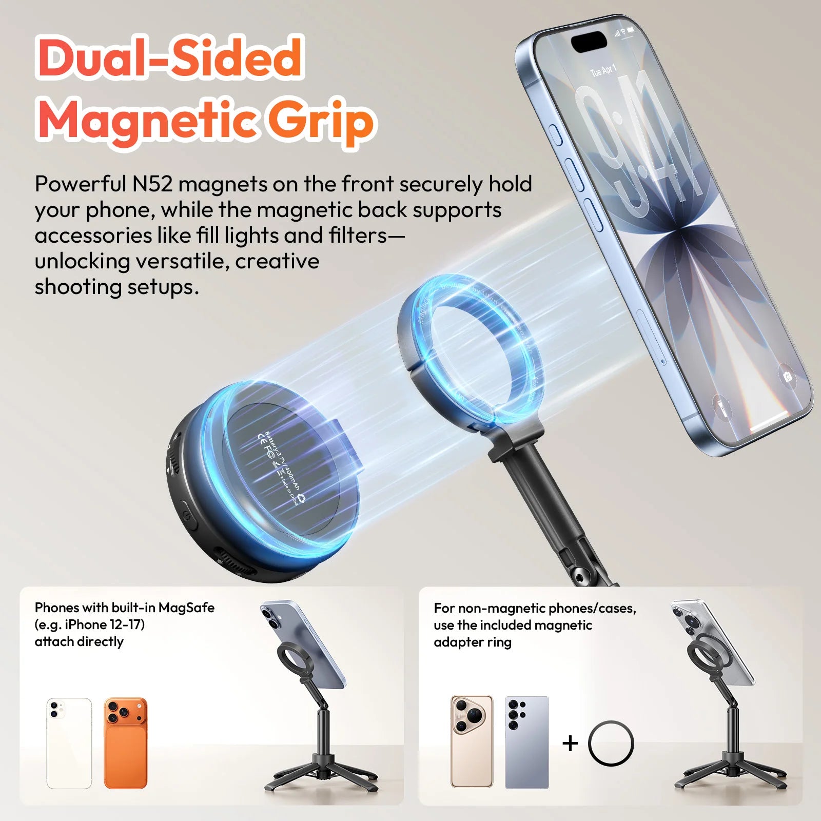 Ulanzi MT71 2 in1 Magnetic Mini Selfie Stick Desktop Tripod Stand for Iphone 17 16 15 Pro Max Android 180° Adjustable for Tiktok