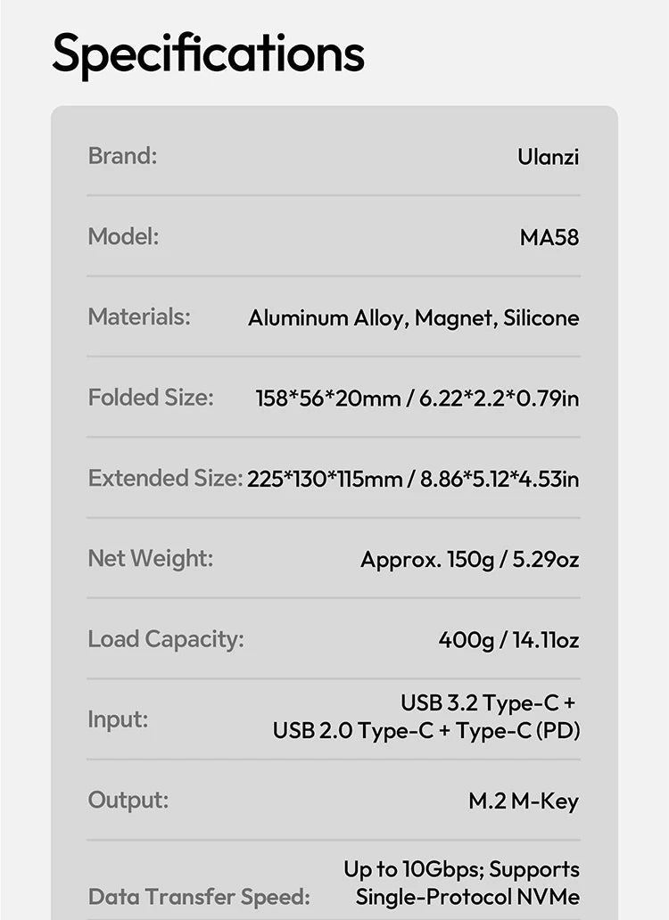 ULANZI MA58 Magnetic Phone Tripod for iPhone with Hard Drive Enclosure Uka Arca-Swiss Mount, 1/4" Mount, Fits SSD 2230/2242