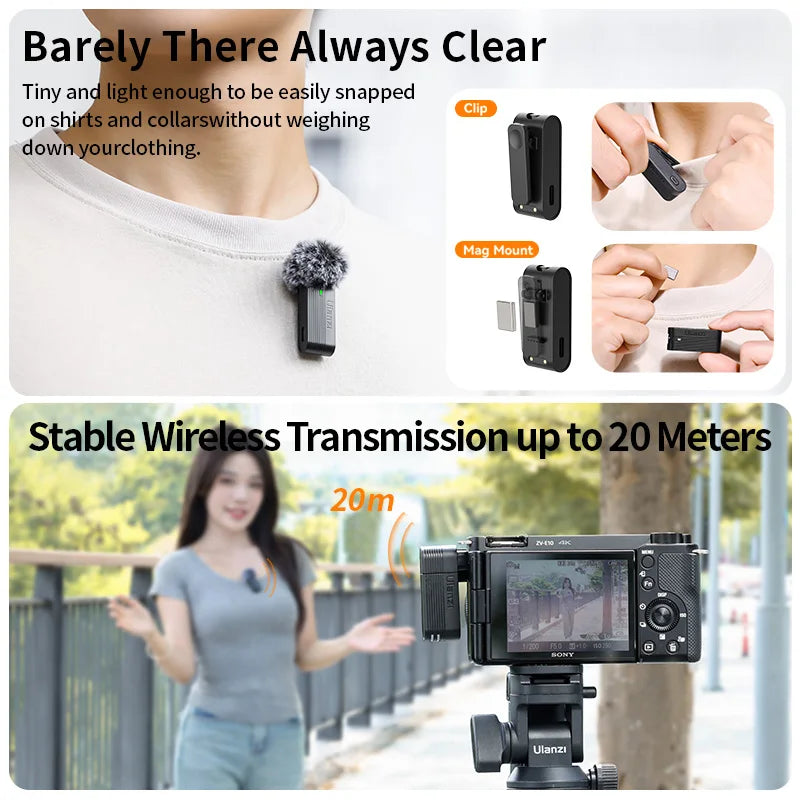 Ulanzi A100 Microphone Smartphone Wireless Lavalier Mic for iPhone 16 15 12 Xiaomi Samsung Dji Action 5 4 3 2 OSMO Pocket 3 SONY