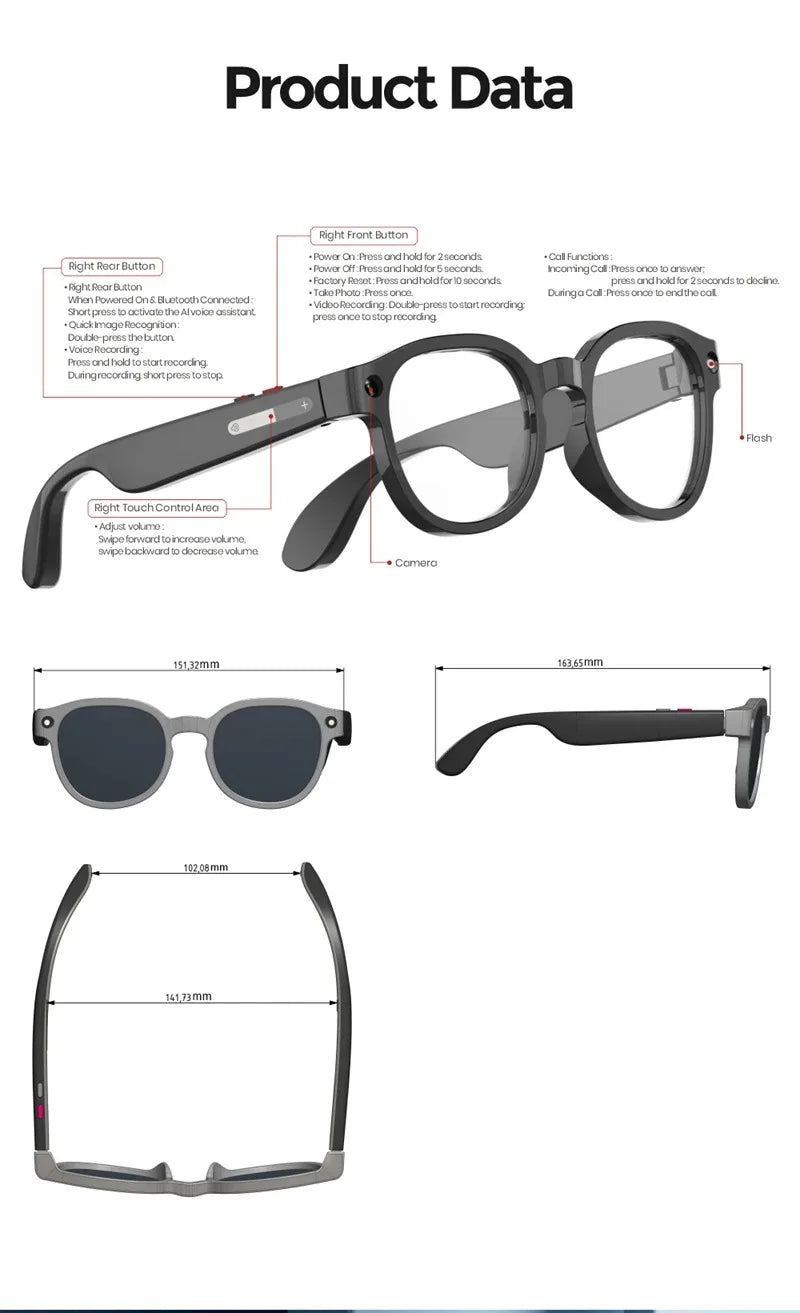 AI Smart Glasses  8MP HD Camera 4K Shooting
