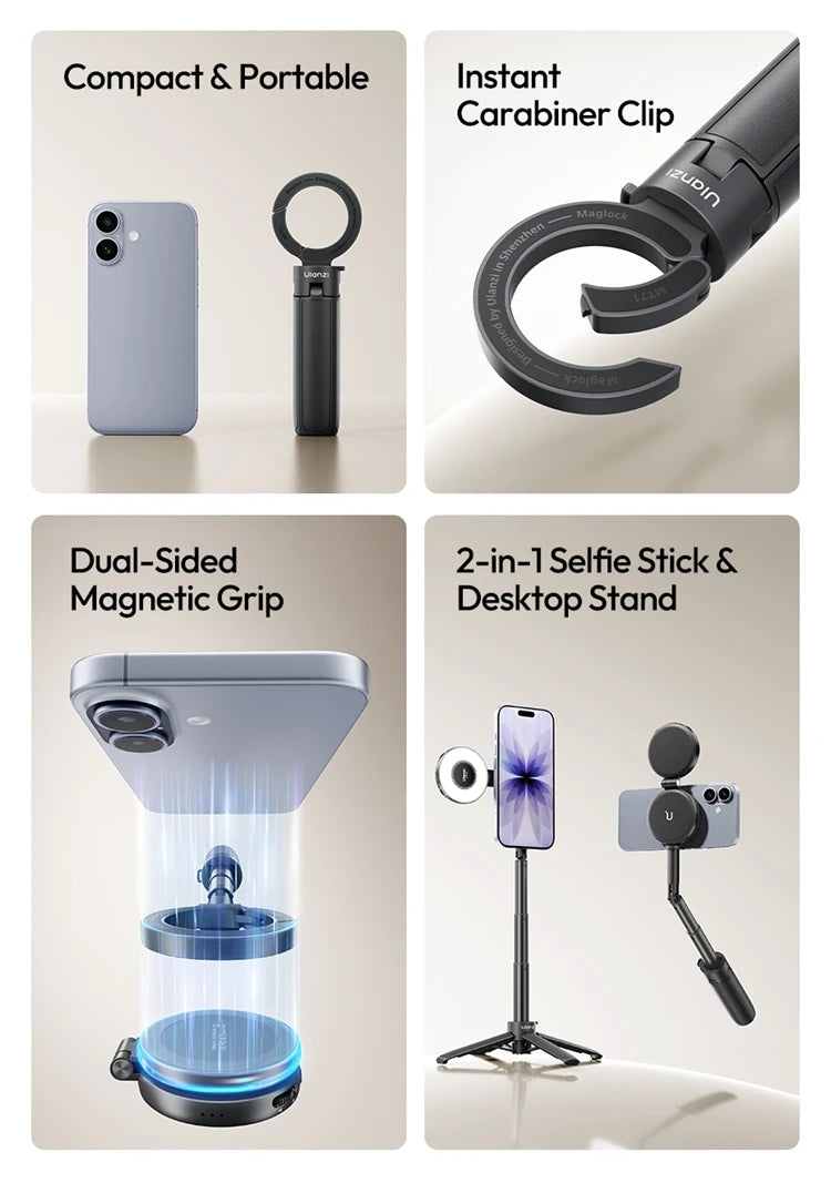 Ulanzi MT71 2 in1 Magnetic Mini Selfie Stick Desktop Tripod Stand for Iphone 17 16 15 Pro Max Android 180° Adjustable for Tiktok