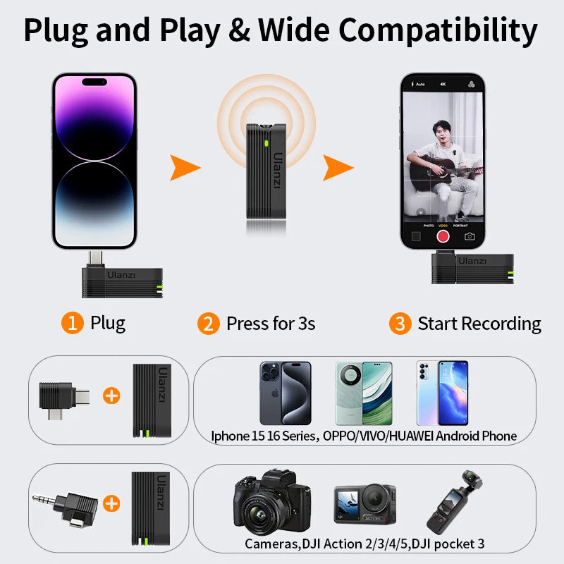 Ulanzi A100 Microphone Smartphone Wireless Lavalier Mic for iPhone 16 15 12 Xiaomi Samsung Dji Action 5 4 3 2 OSMO Pocket 3 SONY