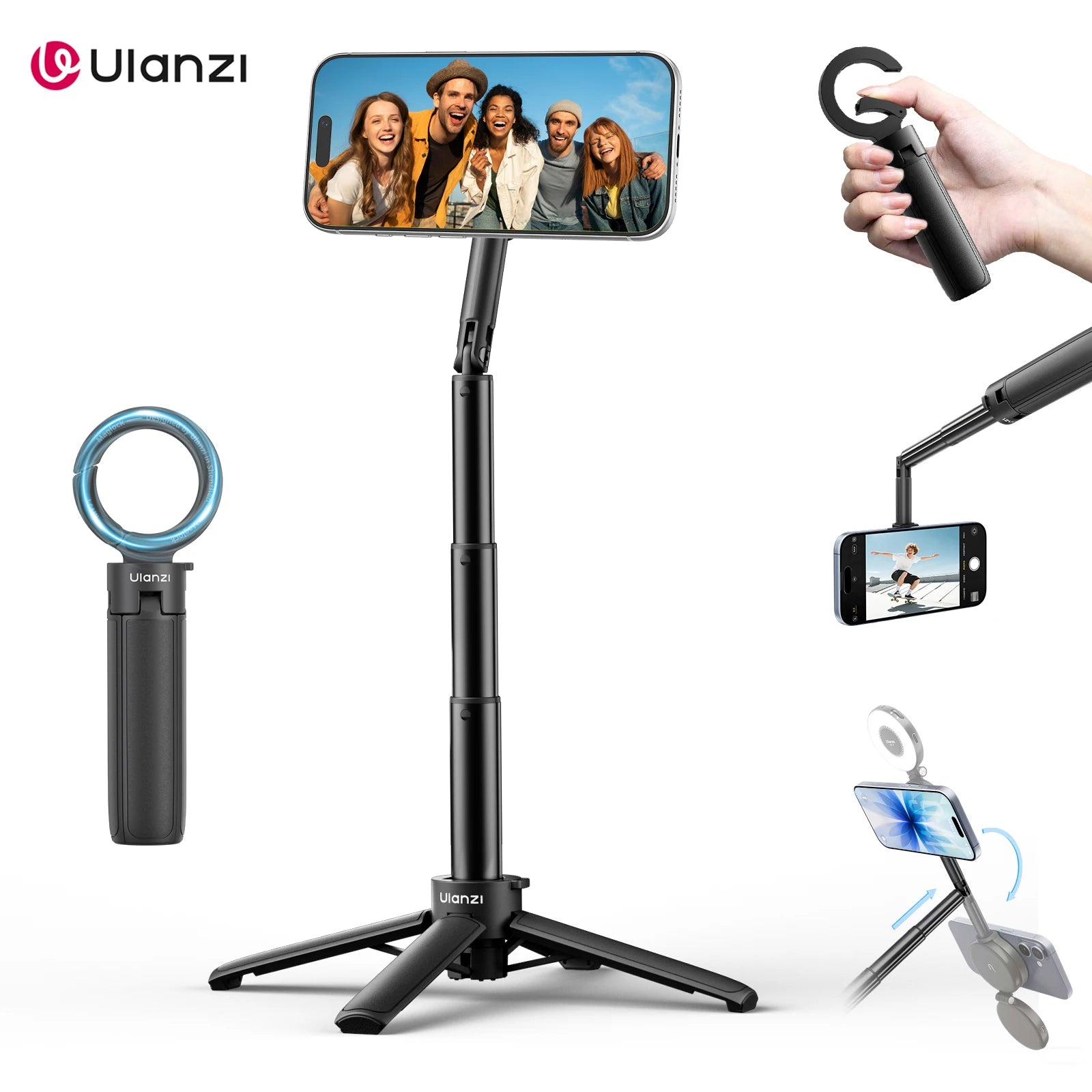 Ulanzi MT71 2 in1 Magnetic Mini Selfie Stick Desktop Tripod Stand for Iphone 17 16 15 Pro Max Android 180° Adjustable for Tiktok