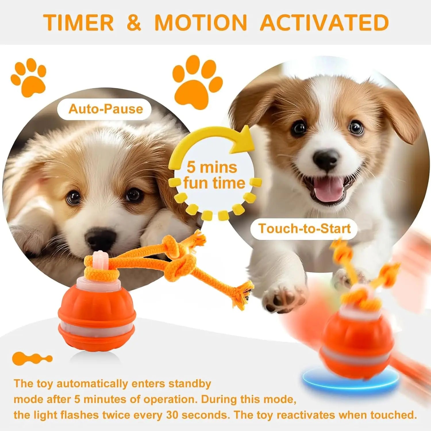 Dog Toy Ball with Rope Electronic features timer and motion activated technology for fun playtime.