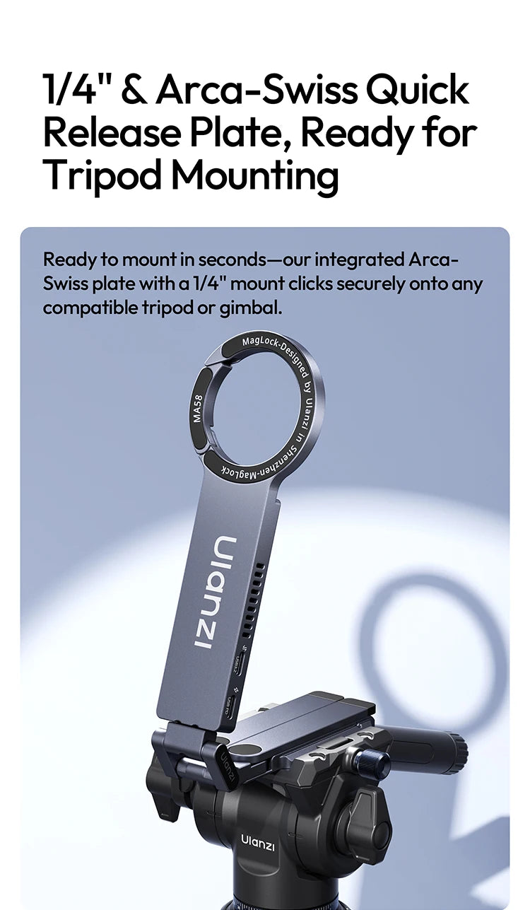 ULANZI MA58 Magnetic Phone Tripod for iPhone with Hard Drive Enclosure Uka Arca-Swiss Mount, 1/4" Mount, Fits SSD 2230/2242