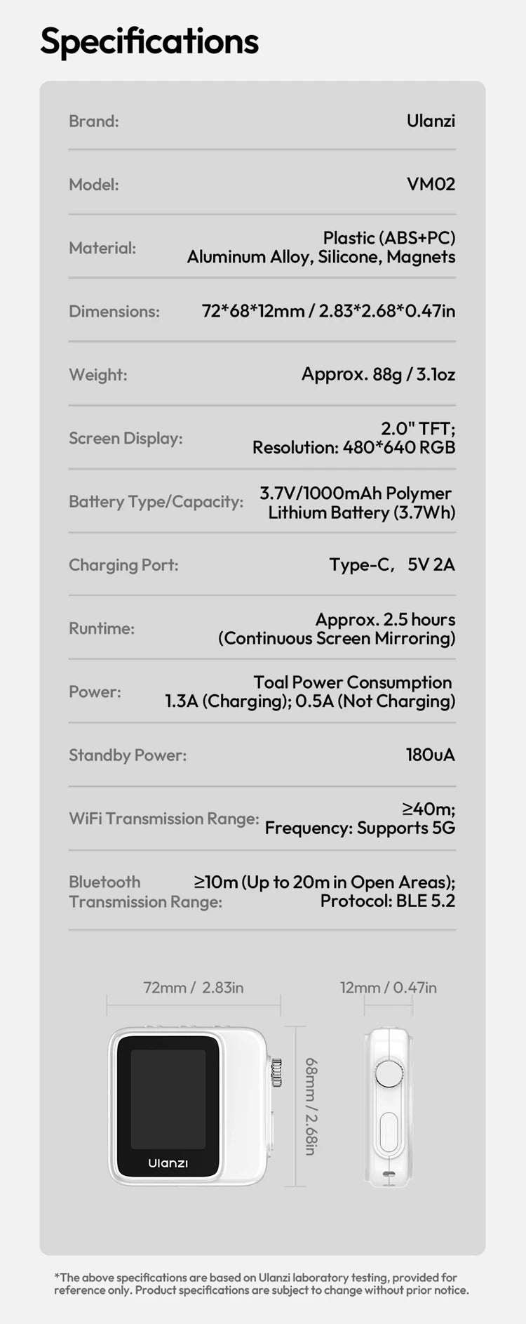 Ulanzi VM02 Selfie Monitor Screen Magnetic Mirroring for iPhone 17 16 PRO Smartphone Android Vlog with Remote Control Wireless