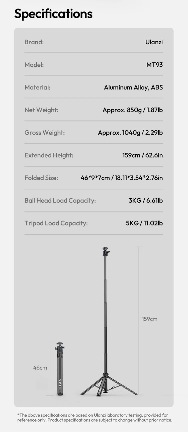 Ulanzi MT93 1.6M Camera Phone Light Stand Aluminum Alloy Portable Auto-Open Tripod with Uka 360° Ball Head Quick Release Plate