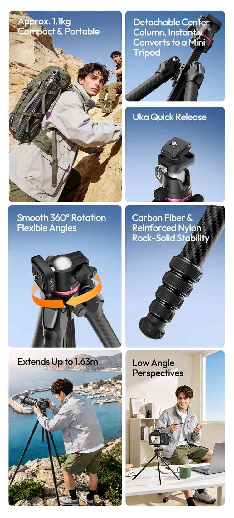 Ulanzi TZ01 Carbon Fiber Tripod Professional Lightweight Photography Travel With Quick Release Plate For DSLR Camera Canon Sony