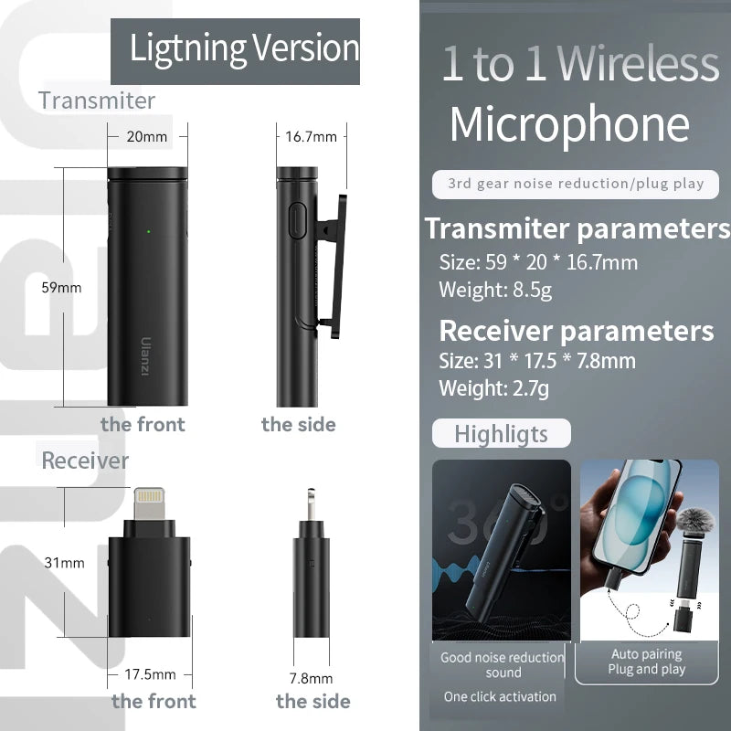 Ulanzi WM-10 Wireles Lavalier Microphone 1 to 1 Mic USB C for Android iPhone with Windproof Sponge For Live Streaming Recording