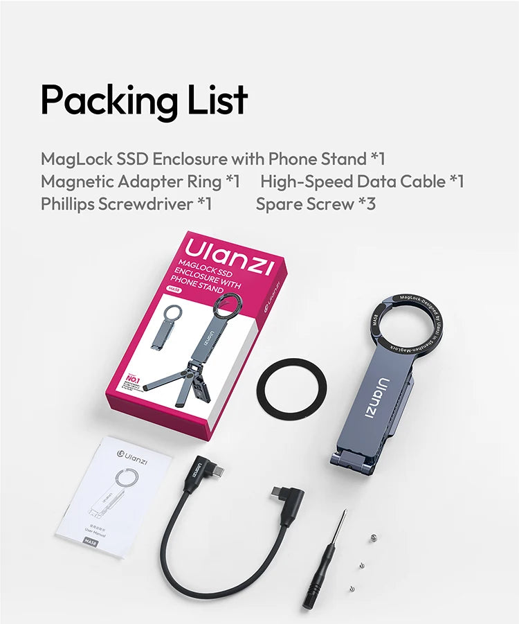 ULANZI MA58 Magnetic Phone Tripod for iPhone with Hard Drive Enclosure Uka Arca-Swiss Mount, 1/4" Mount, Fits SSD 2230/2242