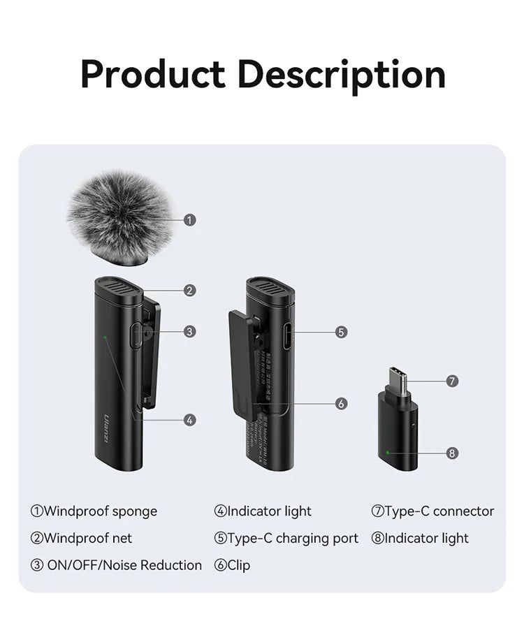 Ulanzi WM-10 Wireles Lavalier Microphone 1 to 1 Mic USB C for Android iPhone with Windproof Sponge For Live Streaming Recording